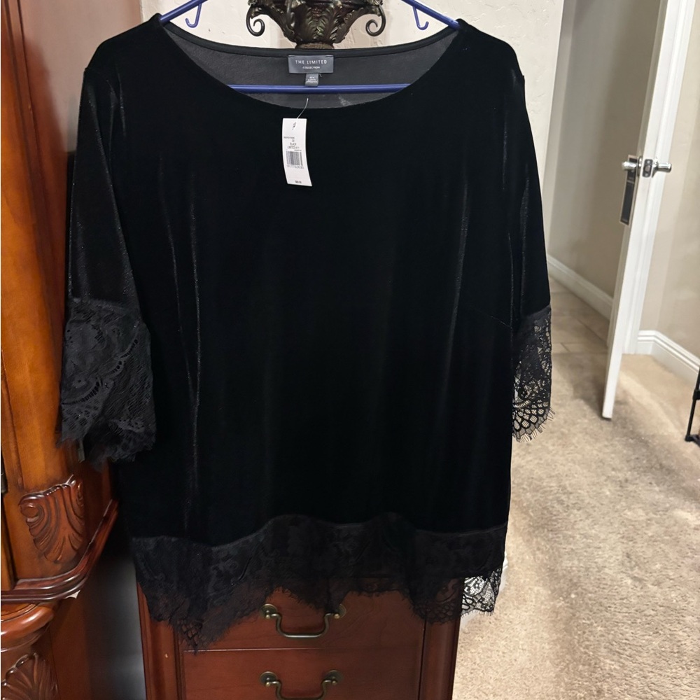 The Limited Black Velvet Lace-Trim Tunic Top
